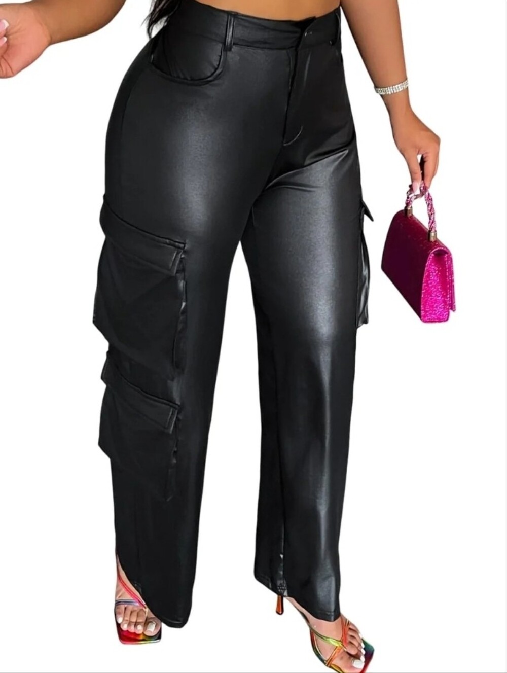Women's Black Stretchy High Waisted Faux Leather Cargo Pants With Pockets